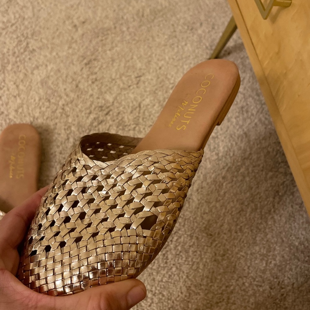 Gold slip on flats backless woven